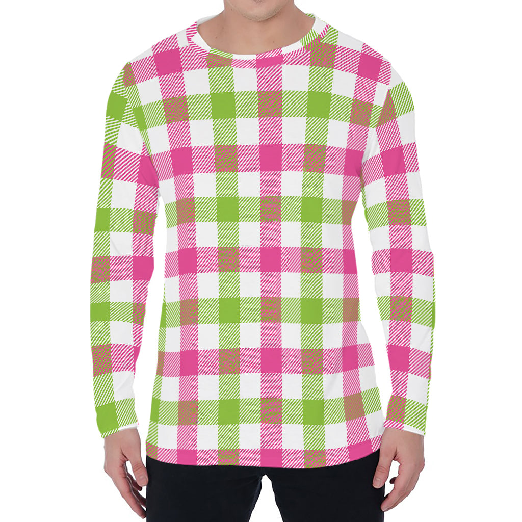 White Pink And Green Buffalo Plaid Print Men's Long Sleeve T-Shirt