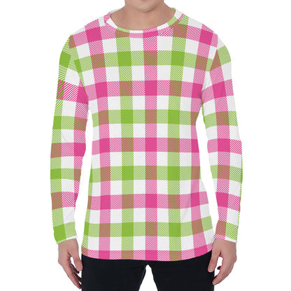 White Pink And Green Buffalo Plaid Print Men's Long Sleeve T-Shirt