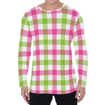 White Pink And Green Buffalo Plaid Print Men's Long Sleeve T-Shirt