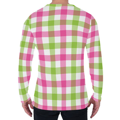 White Pink And Green Buffalo Plaid Print Men's Long Sleeve T-Shirt