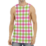 White Pink And Green Buffalo Plaid Print Men's Muscle Tank Top