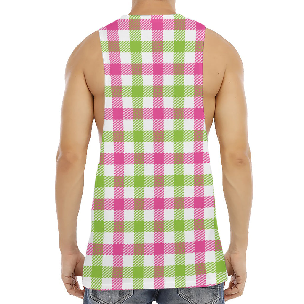 White Pink And Green Buffalo Plaid Print Men's Muscle Tank Top