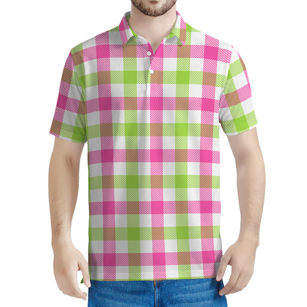 White Pink And Green Buffalo Plaid Print Men's Polo Shirt