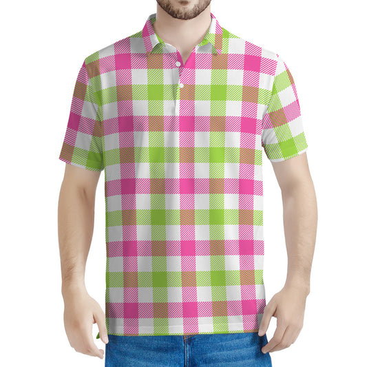 White Pink And Green Buffalo Plaid Print Men's Polo Shirt