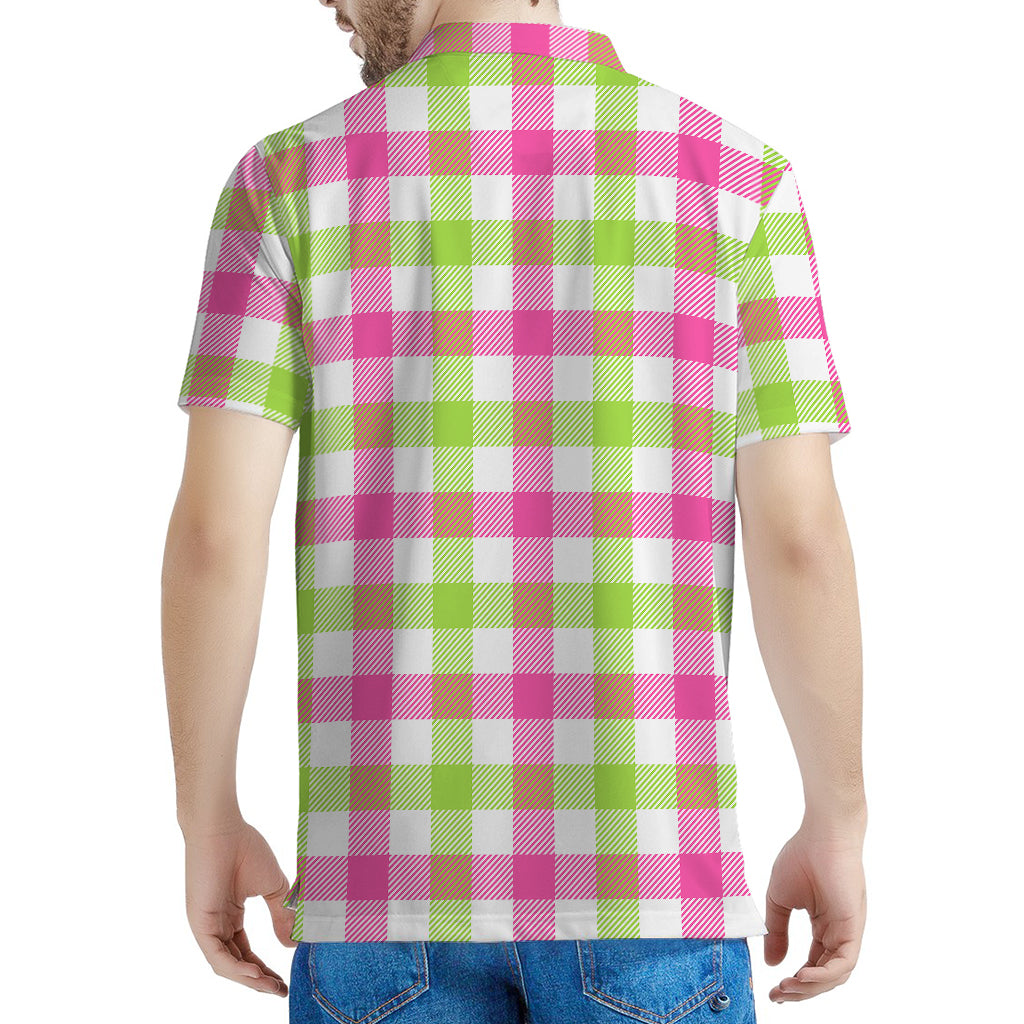 White Pink And Green Buffalo Plaid Print Men's Polo Shirt