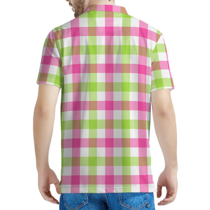 White Pink And Green Buffalo Plaid Print Men's Polo Shirt