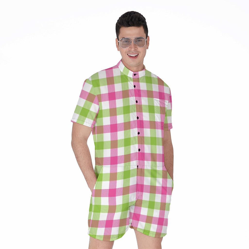 White Pink And Green Buffalo Plaid Print Men's Rompers
