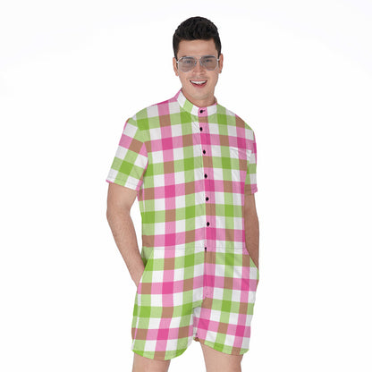 White Pink And Green Buffalo Plaid Print Men's Rompers