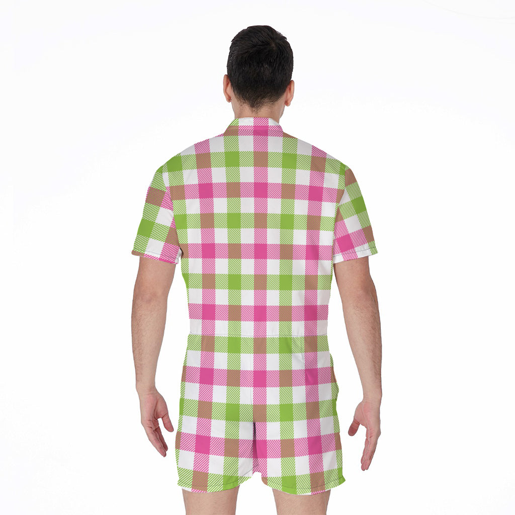 White Pink And Green Buffalo Plaid Print Men's Rompers