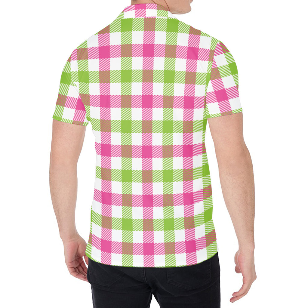 White Pink And Green Buffalo Plaid Print Men's Shirt