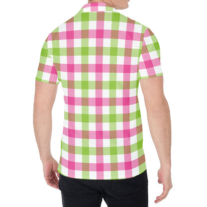 White Pink And Green Buffalo Plaid Print Men's Shirt