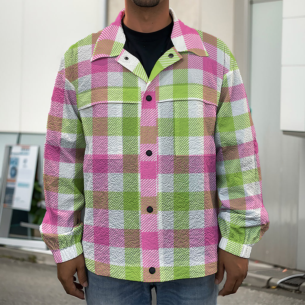 White Pink And Green Buffalo Plaid Print Men's Shirt Jacket