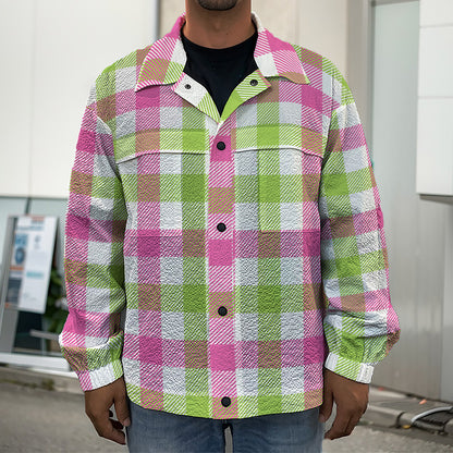 White Pink And Green Buffalo Plaid Print Men's Shirt Jacket