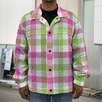 White Pink And Green Buffalo Plaid Print Men's Shirt Jacket