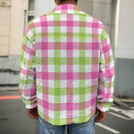 White Pink And Green Buffalo Plaid Print Men's Shirt Jacket