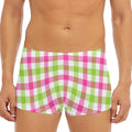 White Pink And Green Buffalo Plaid Print Men's Short Boxer Briefs