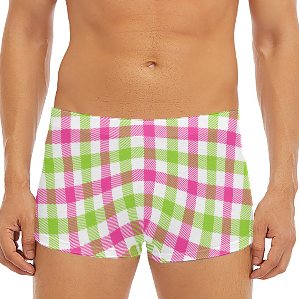 White Pink And Green Buffalo Plaid Print Men's Short Boxer Briefs