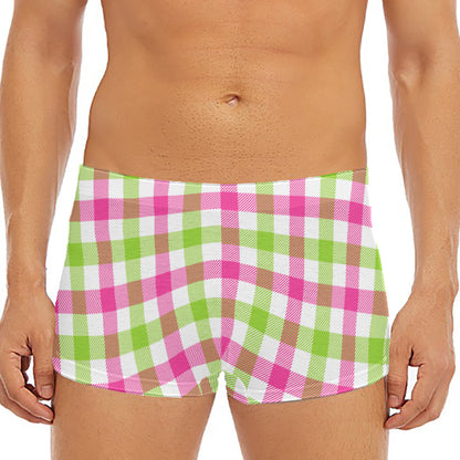 White Pink And Green Buffalo Plaid Print Men's Short Boxer Briefs