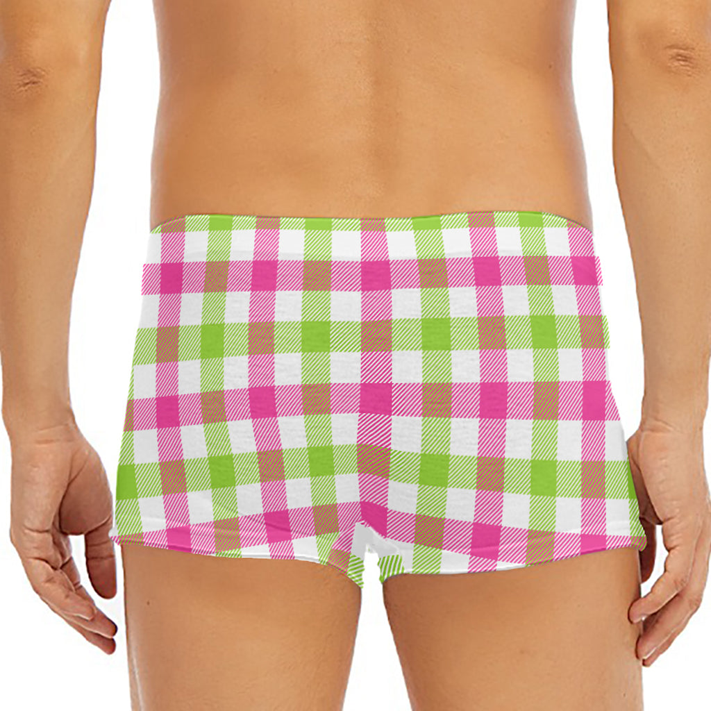 White Pink And Green Buffalo Plaid Print Men's Short Boxer Briefs