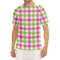 White Pink And Green Buffalo Plaid Print Men's Short Sleeve Rash Guard