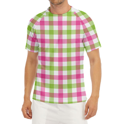 White Pink And Green Buffalo Plaid Print Men's Short Sleeve Rash Guard
