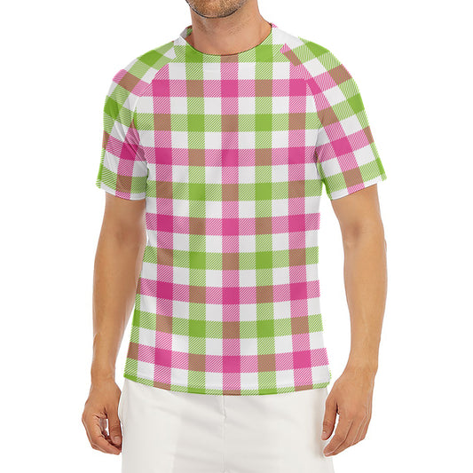 White Pink And Green Buffalo Plaid Print Men's Short Sleeve Rash Guard