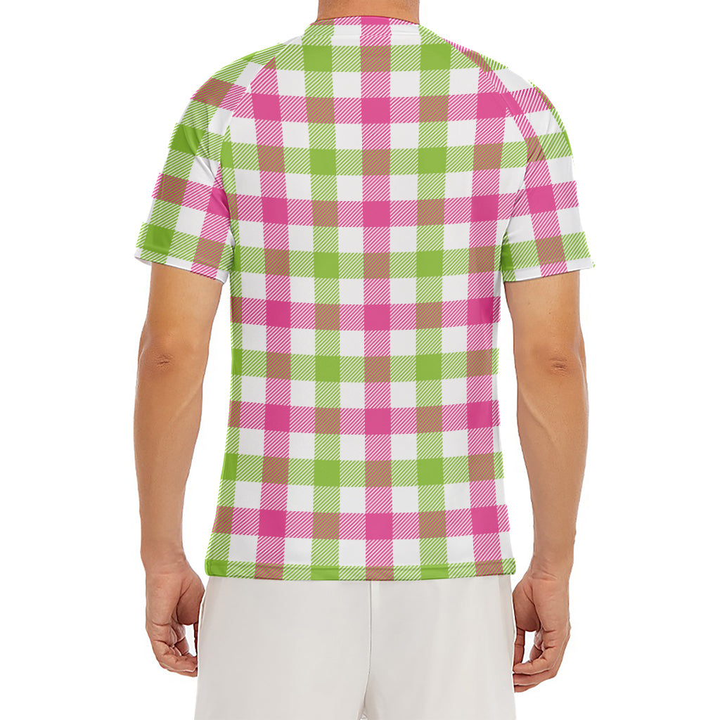 White Pink And Green Buffalo Plaid Print Men's Short Sleeve Rash Guard