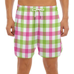 White Pink And Green Buffalo Plaid Print Men's Split Running Shorts