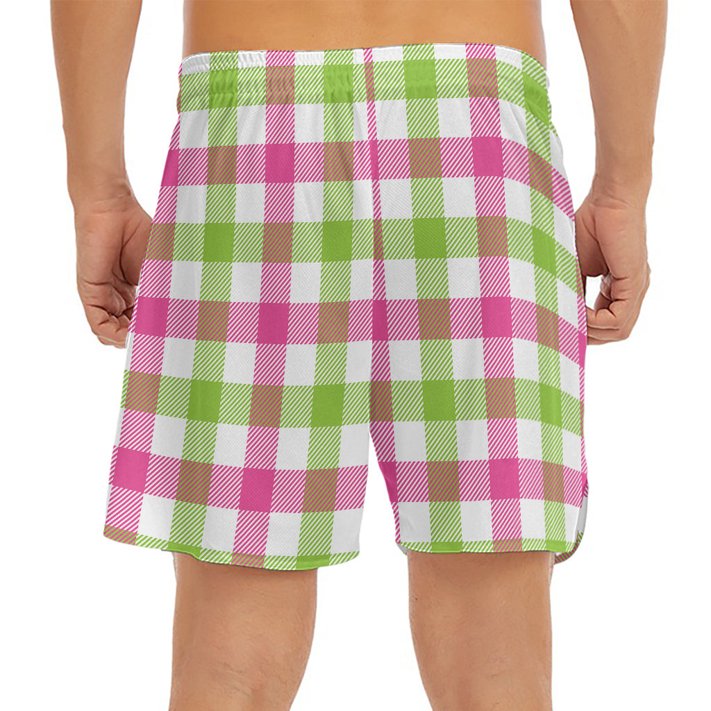 White Pink And Green Buffalo Plaid Print Men's Split Running Shorts