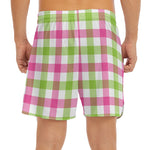 White Pink And Green Buffalo Plaid Print Men's Split Running Shorts