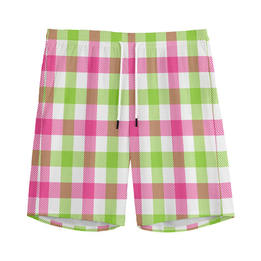 White Pink And Green Buffalo Plaid Print Men's Sports Shorts