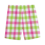 White Pink And Green Buffalo Plaid Print Men's Sports Shorts