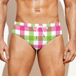 White Pink And Green Buffalo Plaid Print Men's Swim Briefs