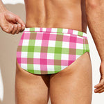 White Pink And Green Buffalo Plaid Print Men's Swim Briefs