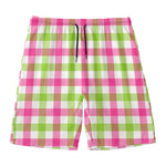 White Pink And Green Buffalo Plaid Print Men's Swim Trunks