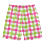 White Pink And Green Buffalo Plaid Print Men's Swim Trunks
