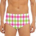 White Pink And Green Buffalo Plaid Print Men's Triangle Swim Briefs