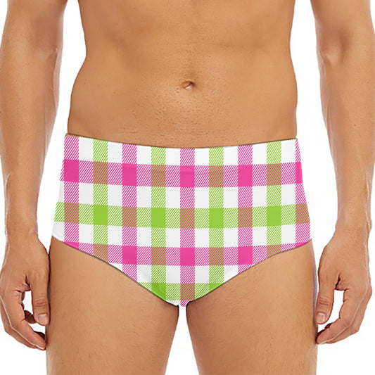 White Pink And Green Buffalo Plaid Print Men's Triangle Swim Briefs