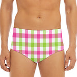 White Pink And Green Buffalo Plaid Print Men's Triangle Swim Briefs