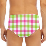 White Pink And Green Buffalo Plaid Print Men's Triangle Swim Briefs