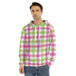 White Pink And Green Buffalo Plaid Print Men's Velvet Pullover Hoodie