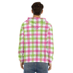 White Pink And Green Buffalo Plaid Print Men's Velvet Pullover Hoodie