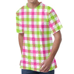 White Pink And Green Buffalo Plaid Print Men's Velvet T-Shirt