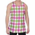 White Pink And Green Buffalo Plaid Print Men's Velvet Tank Top