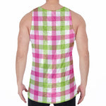 White Pink And Green Buffalo Plaid Print Men's Velvet Tank Top