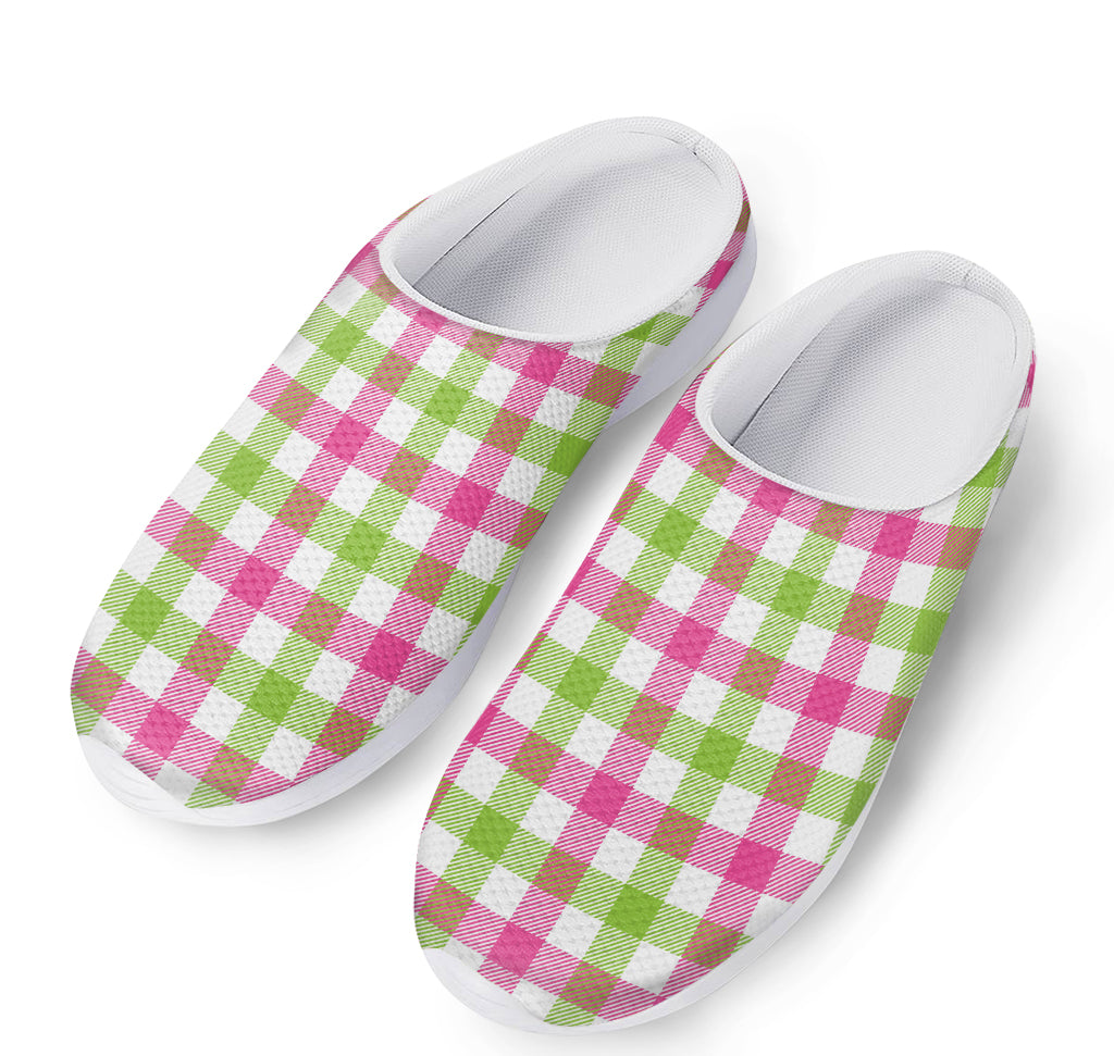 White Pink And Green Buffalo Plaid Print Mesh Casual Shoes