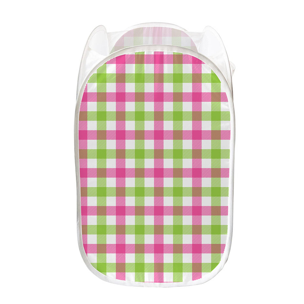 White Pink And Green Buffalo Plaid Print Mesh Laundry Hamper