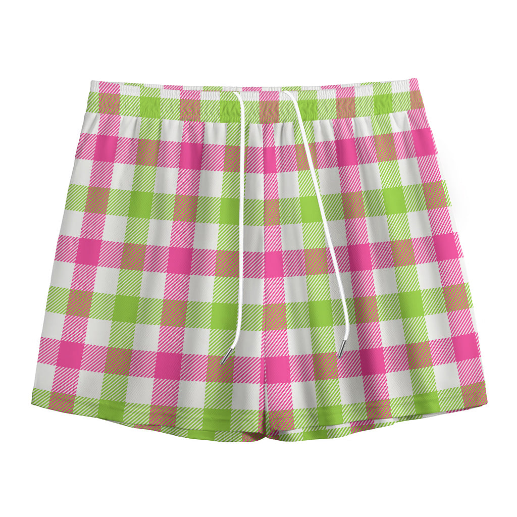 White Pink And Green Buffalo Plaid Print Mesh Shorts