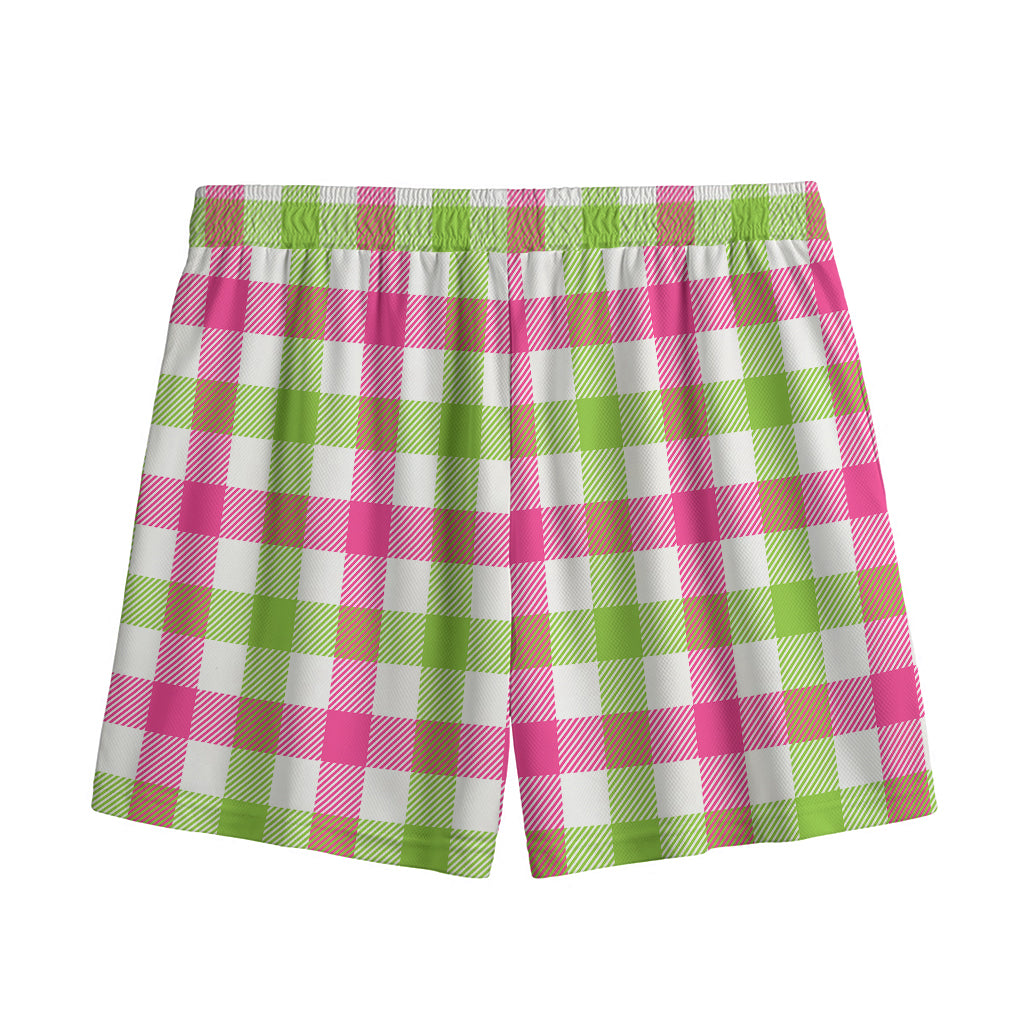 White Pink And Green Buffalo Plaid Print Mesh Shorts
