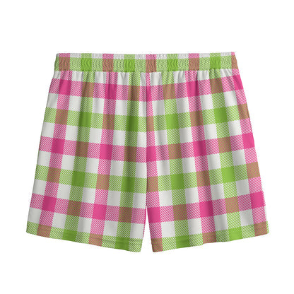 White Pink And Green Buffalo Plaid Print Mesh Shorts